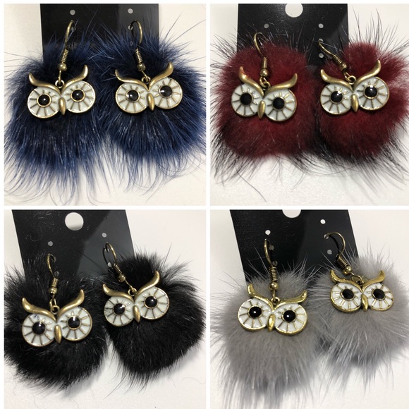 Owl Pompom Fur Hook Earrings Cute! NWT🦉 - Picture 2 of 6